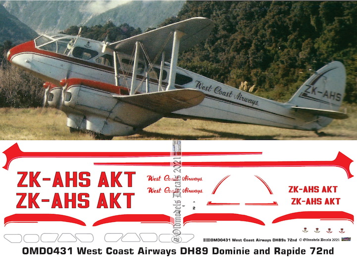 (image for) OMD0431 DH89 Rapide / Dominie West Coast Airways